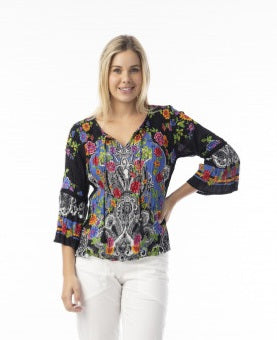 Orientique Fluted Sleeve Boho Top Paisley