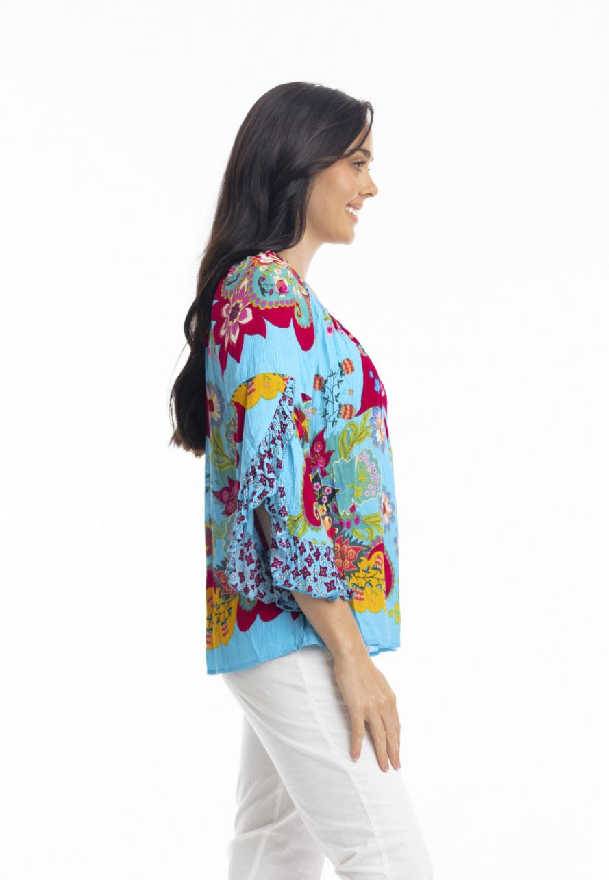 Orientique Loose Fit Flaired Sleeve Boho Top Floral Scarf Pattern