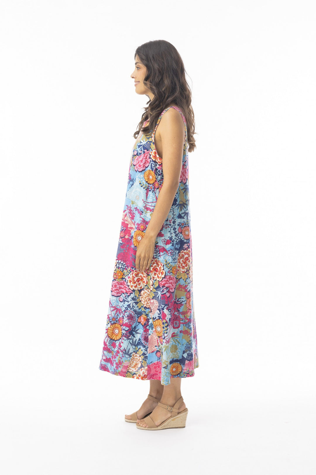 Orientique Ikebana Sleeveless Print Dress With Pockets (please check measurements)