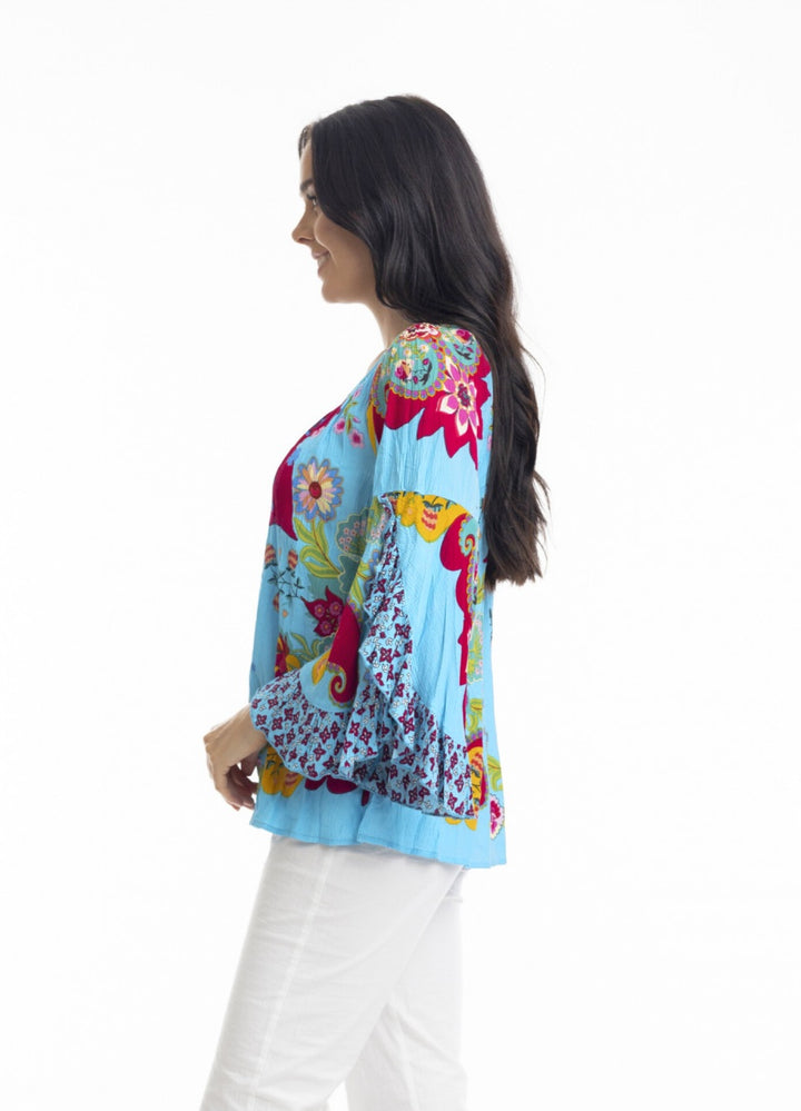 Orientique Loose Fit Flaired Sleeve Boho Top Floral Scarf Pattern