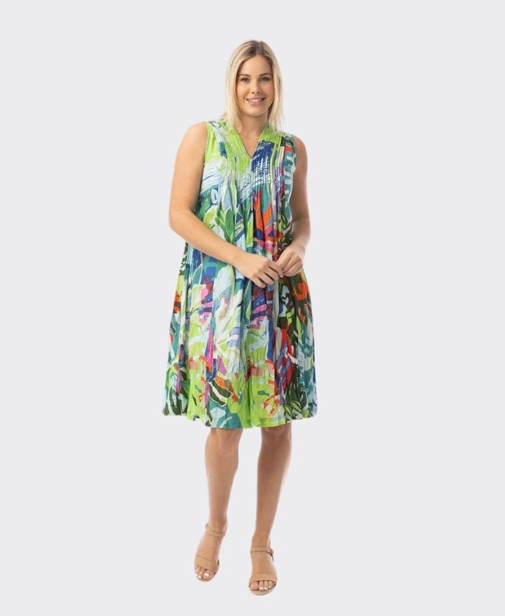 Orientique V Pleated Cotton Dress With Pockets Leaves Blue (please check measurements)