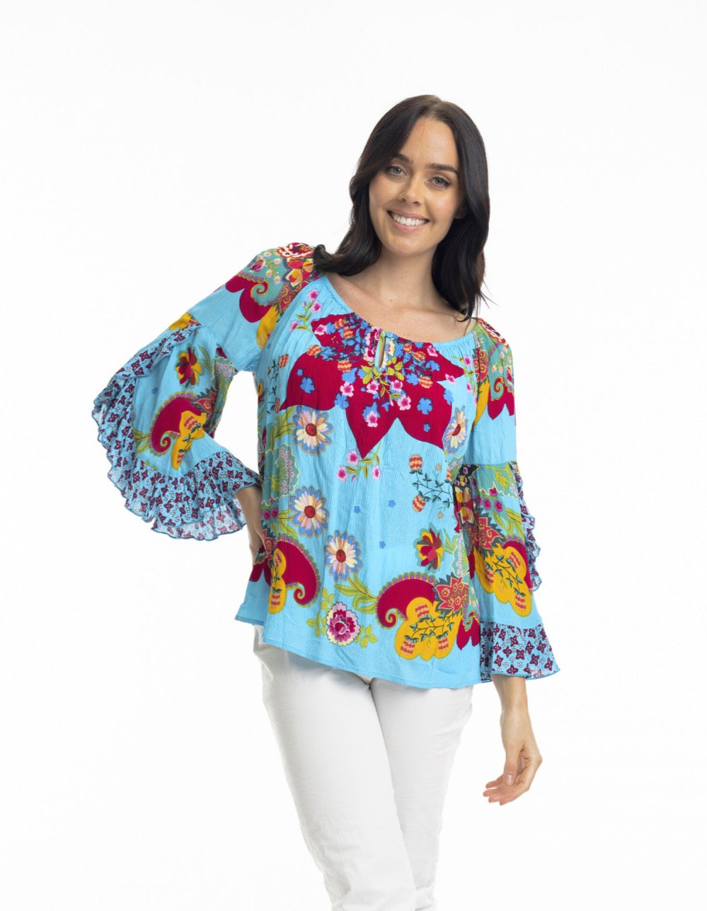 Orientique Loose Fit Flaired Sleeve Boho Top Floral Scarf Pattern