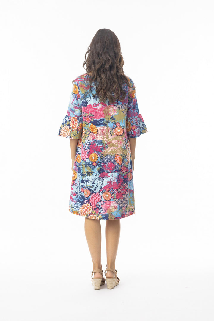 Orientique Ikebana Contempory Frill Sleeve Print Dress With Pockets (please check measurements)