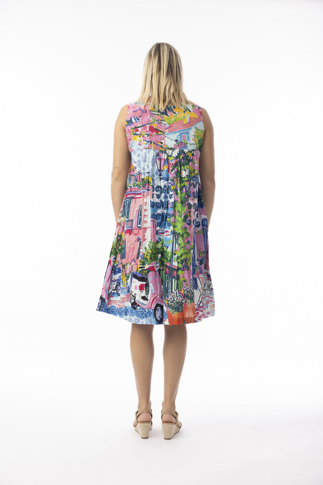 Orientique V Pleated Cotton Dress With Pockets Scooter (please check measurements)