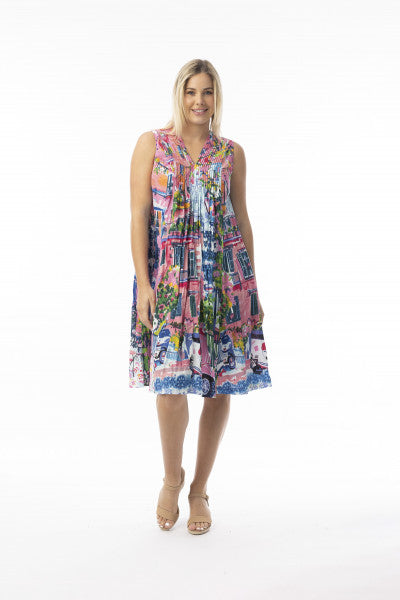 Orientique V Pleated Cotton Dress With Pockets Scooter (please check measurements)