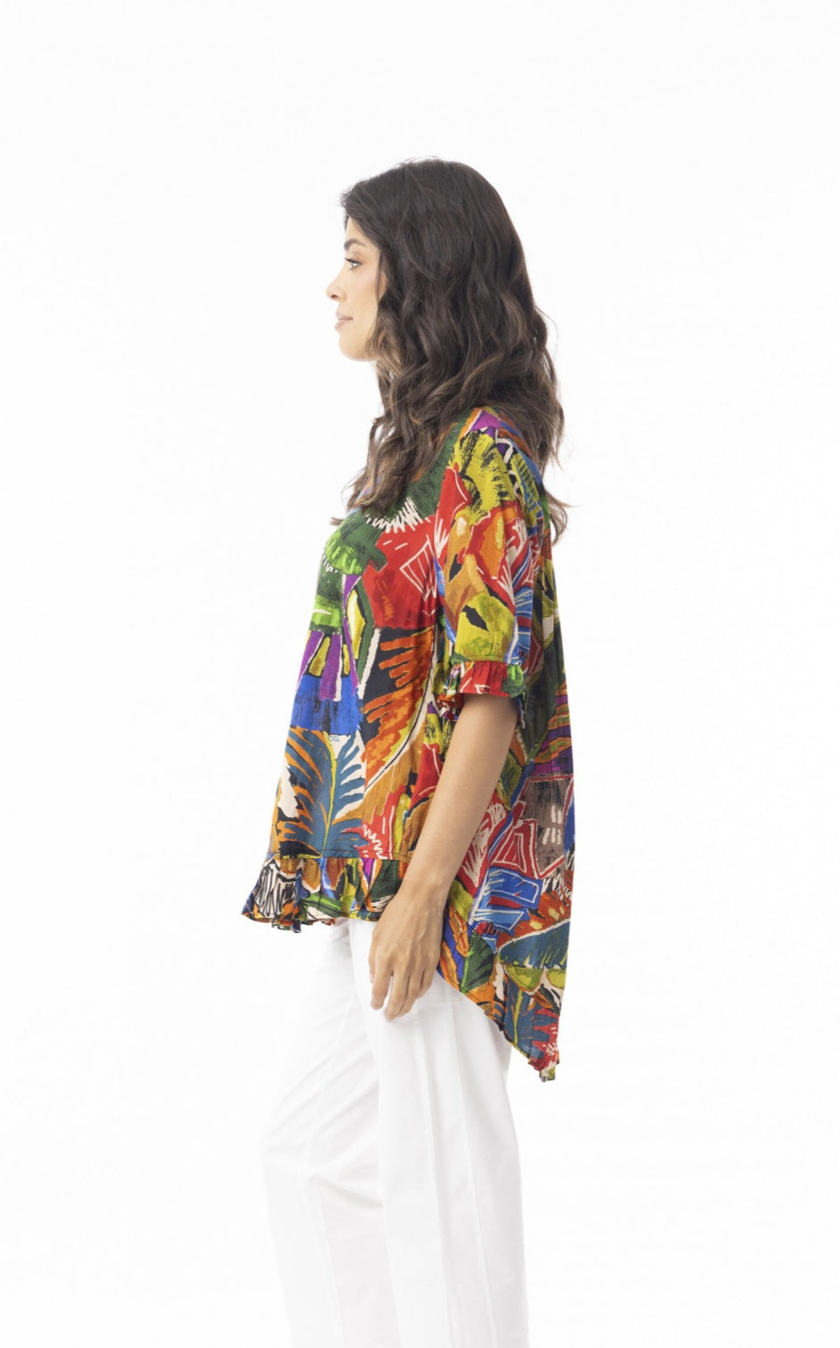 Orientique Torgua Frill Print Top With Button Back Detail (please check measurements)