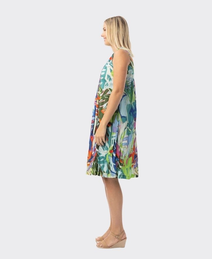 Orientique V Pleated Cotton Dress With Pockets Leaves Blue (please check measurements)