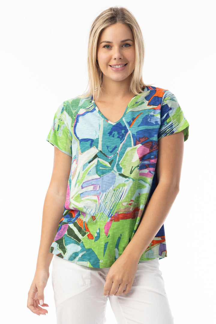 Orientique Contempory V Neck T Shirt Blue Leaves (please check measurements)