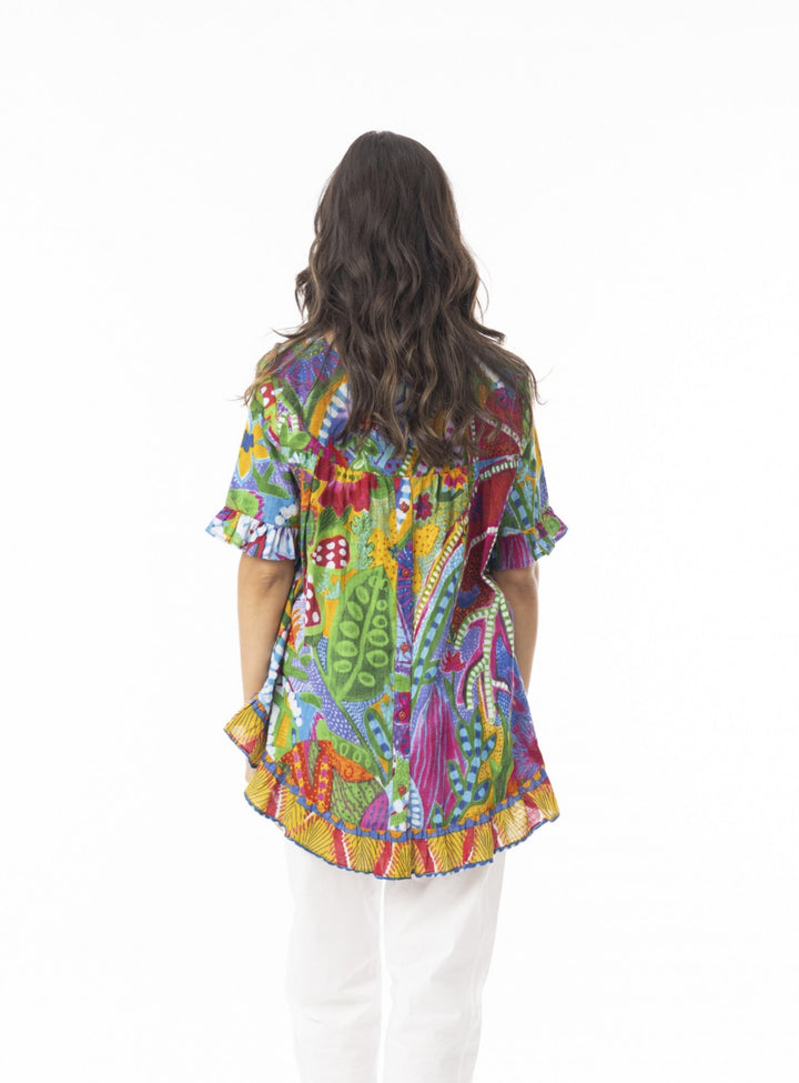 Orientique Ipenema Frill Print Top With Button Back Detail (please check measurements)