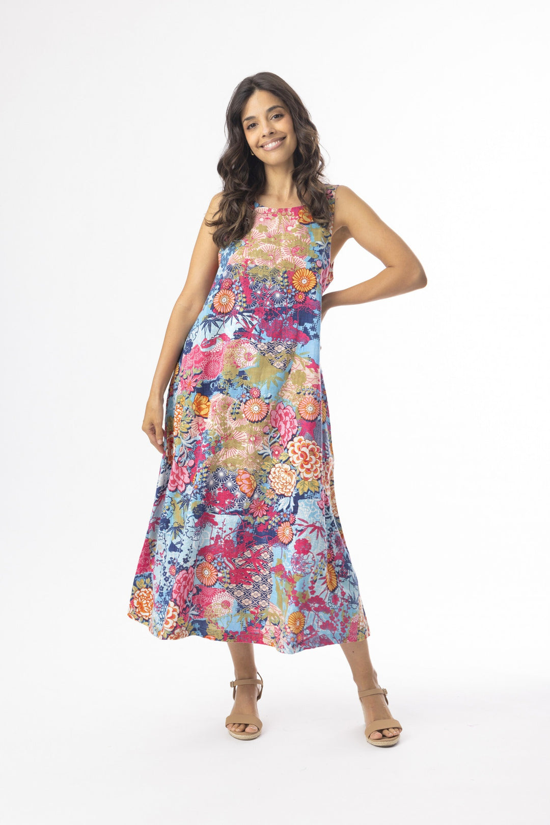 Orientique Ikebana Sleeveless Print Dress With Pockets (please check measurements)