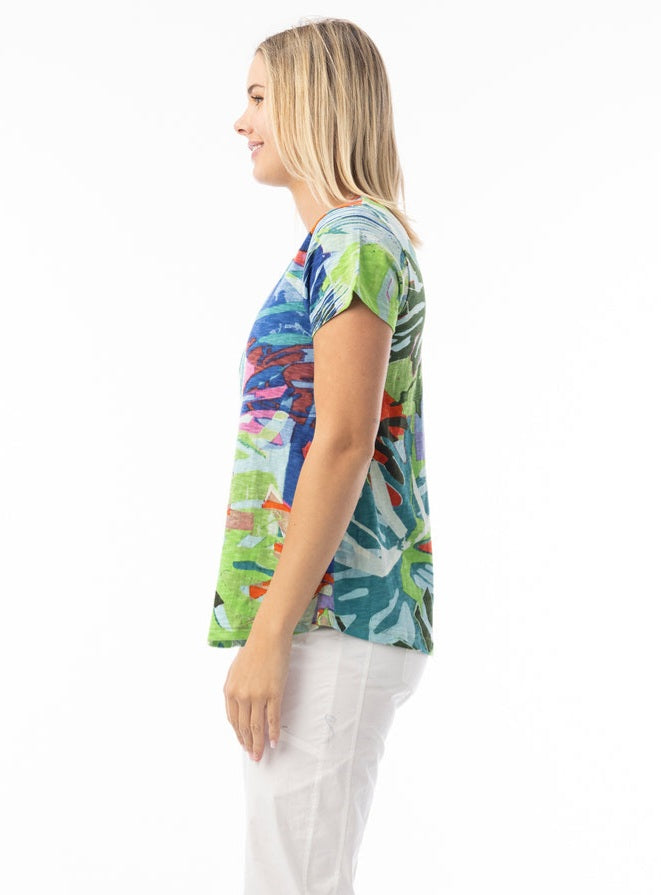 Orientique Contempory V Neck T Shirt Blue Leaves (please check measurements)