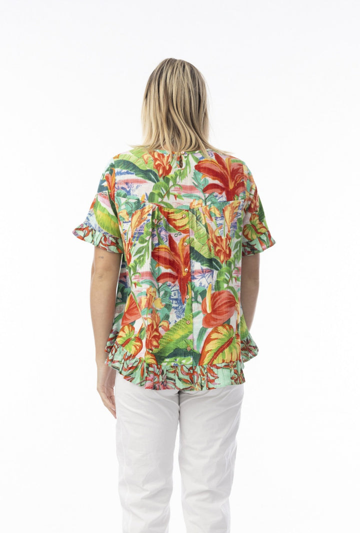 Orientique Equador Frill Print Top With Button Back Detail (please check measurements)