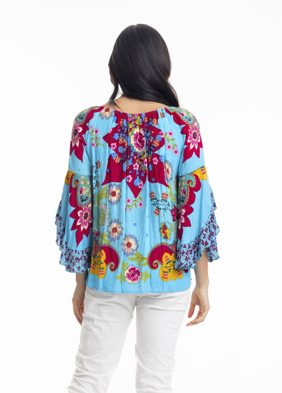 Orientique Loose Fit Flaired Sleeve Boho Top Floral Scarf Pattern