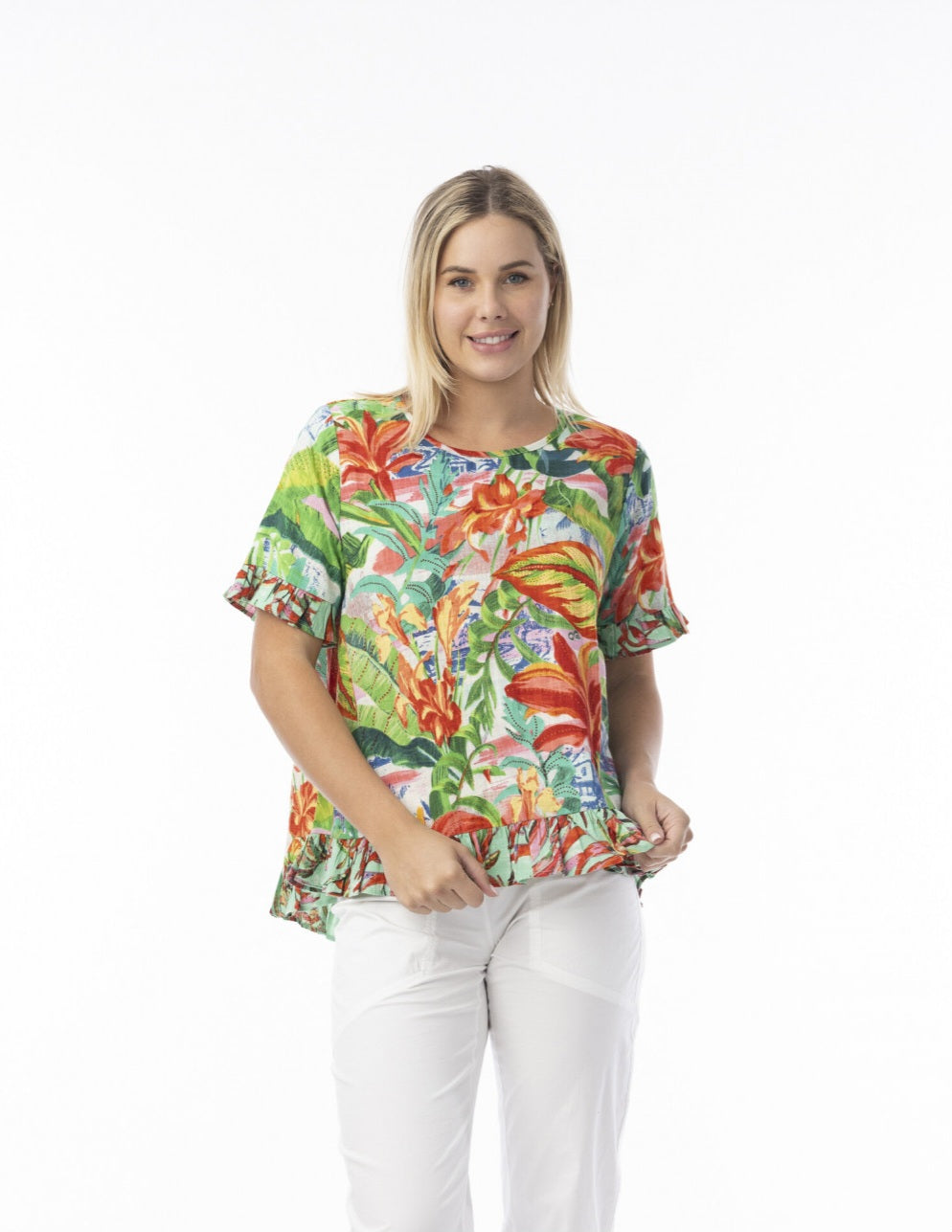 Orientique Equador Frill Print Top With Button Back Detail (please check measurements)