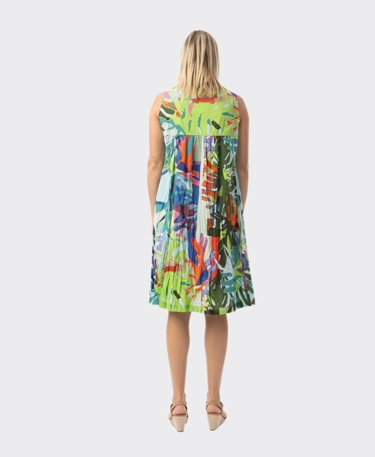 Orientique V Pleated Cotton Dress With Pockets Leaves Blue (please check measurements)