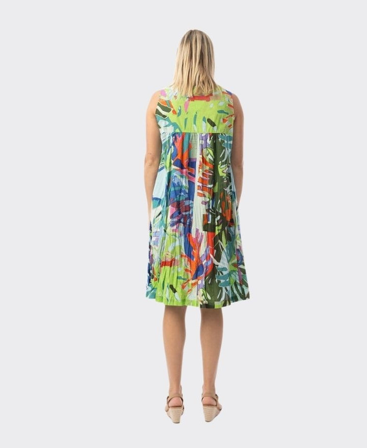 Orientique V Pleated Cotton Dress With Pockets Leaves Blue (please check measurements)