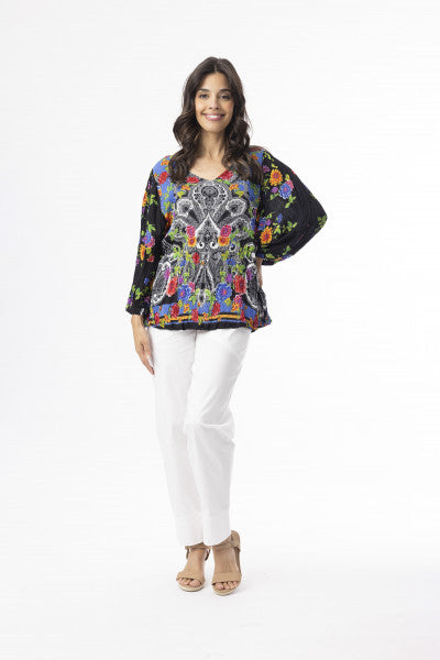 Orientique Cotton Long Sleeve Boho Top Paisley Panel (please check measurements)