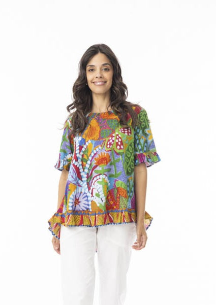 Orientique Ipenema Frill Print Top With Button Back Detail (please check measurements)