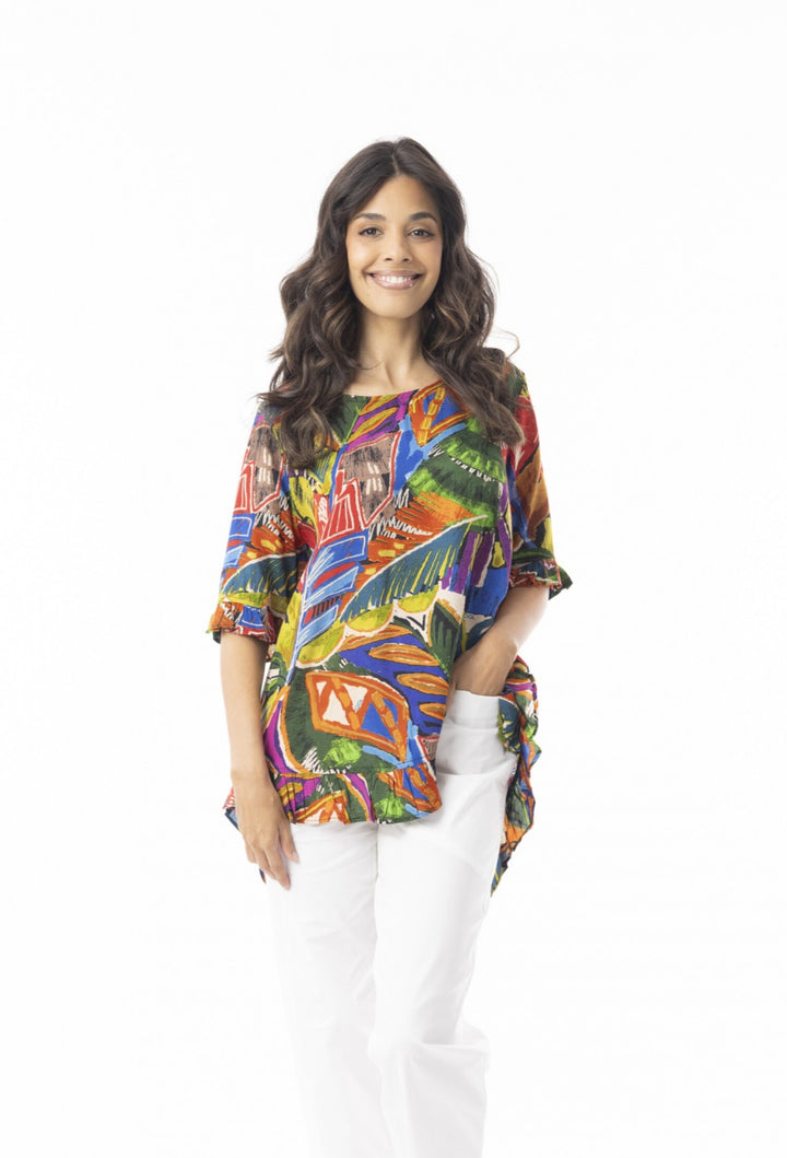 Orientique Torgua Frill Print Top With Button Back Detail (please check measurements)