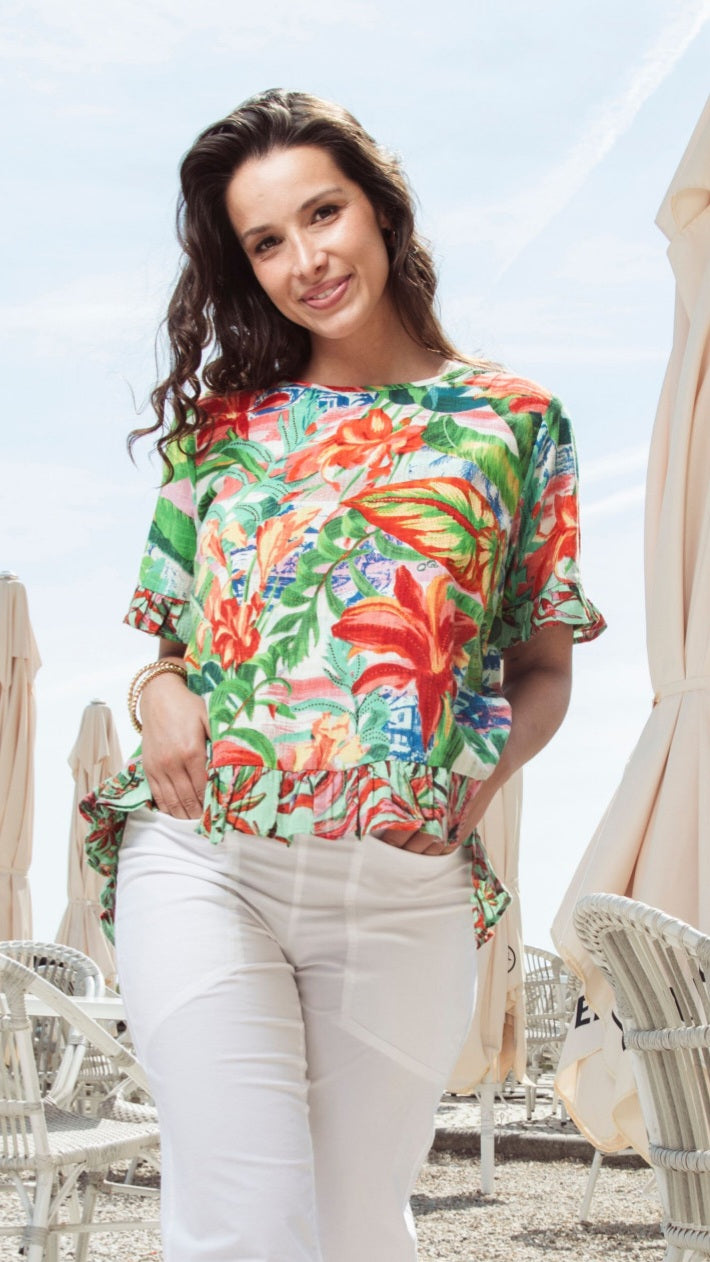 Orientique Equador Frill Print Top With Button Back Detail (please check measurements)