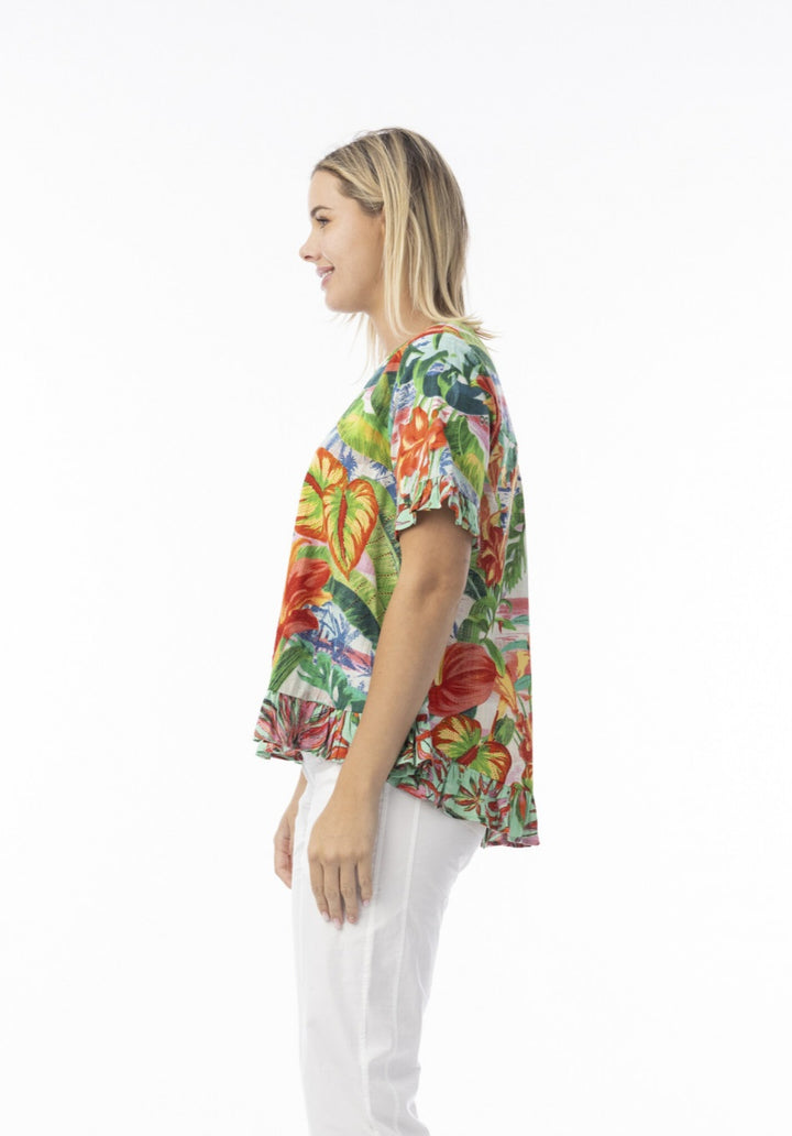 Orientique Equador Frill Print Top With Button Back Detail (please check measurements)